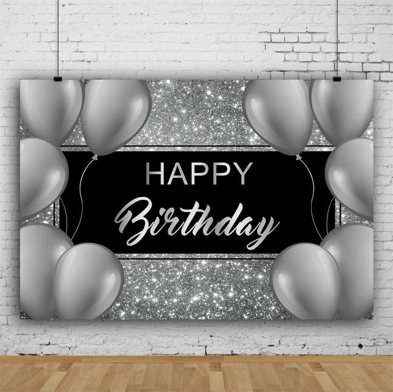 Laeacco Happy Birthday Backdrop 8x6.5ft Black and Silver Glitter Birthday Backdrops for Men Grey Balloon Birthday Party Decoration Cake Table Banner Supplies Child Kid Baby Woman Birthday Photo Studio - Image 2